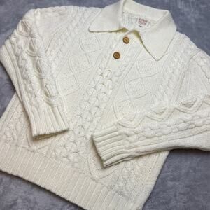Vintage Thane Fisherman Sweater Mens M Ivory Cable Knit Polo Style 70s Grandpa